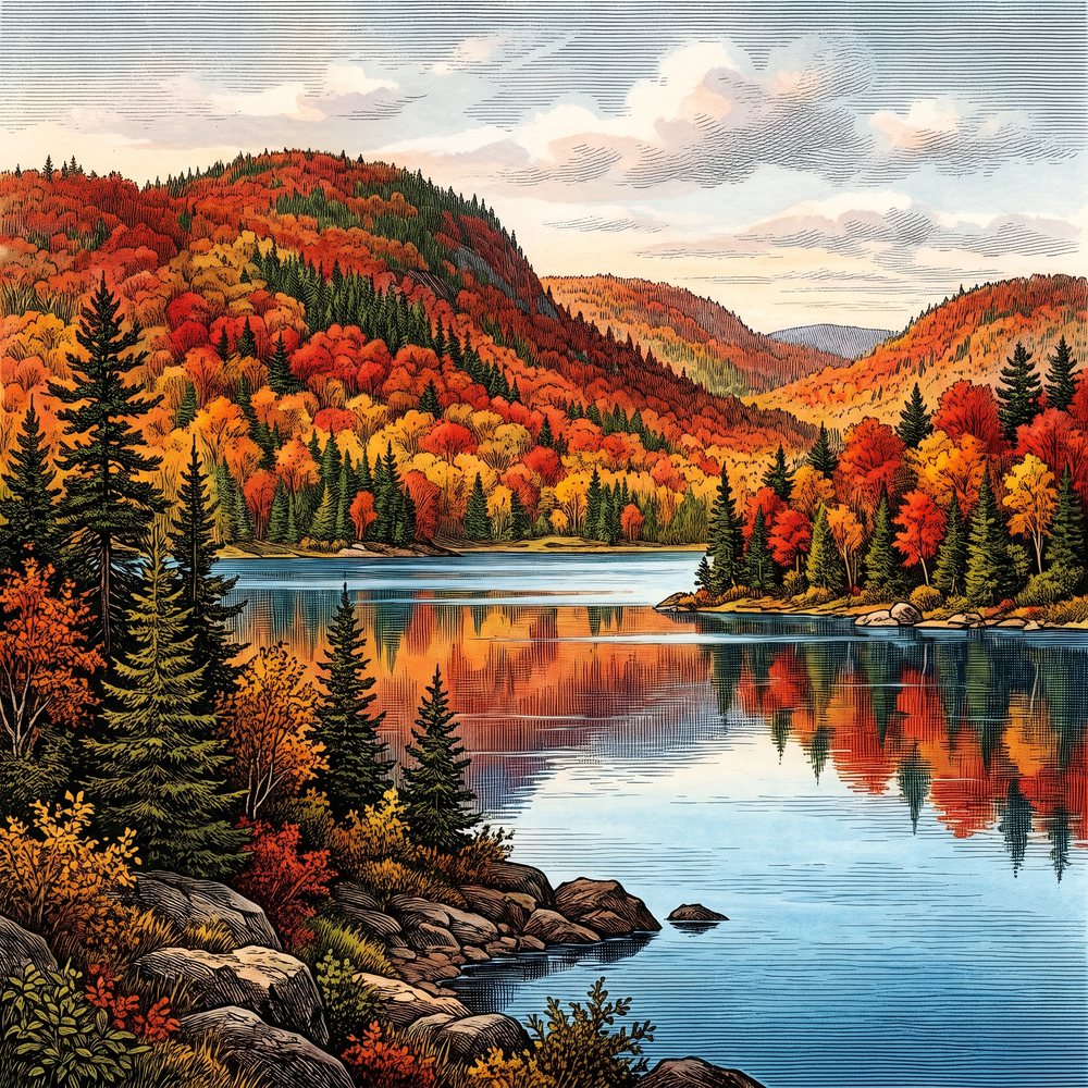 Um lago nos Laurentides, ao norte de Montréal, no auge do outono.